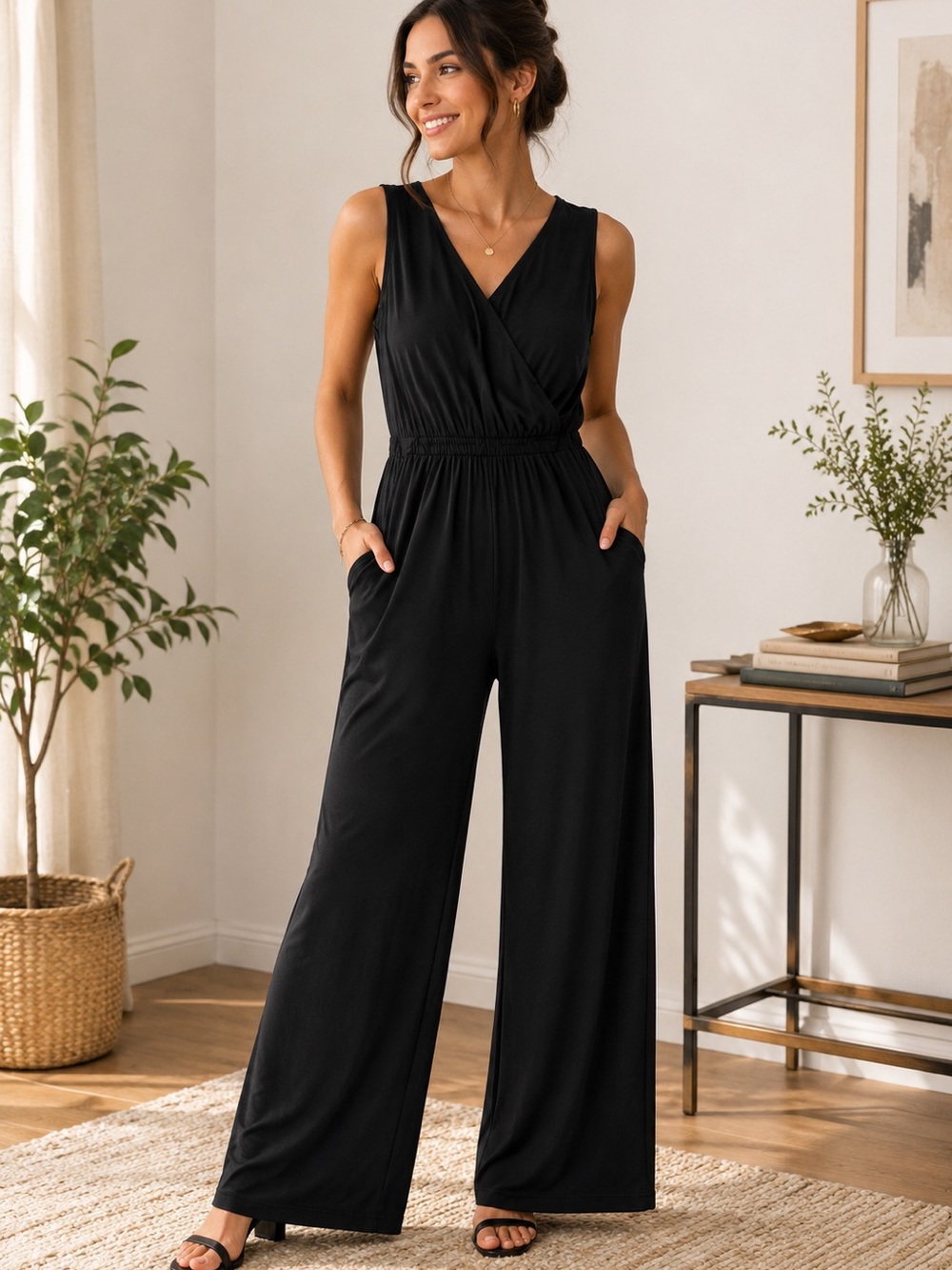 NY Collection Petite Sleeveless Black Wide-Leg Jumpsuit Approx. Size S